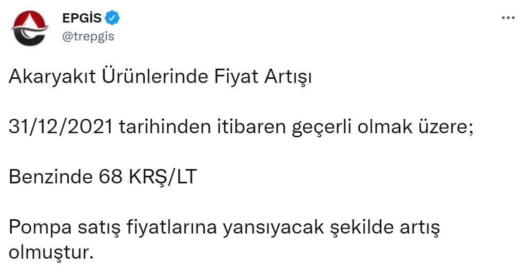Son dakika | EPGİS duyurdu: Yılın son gününde benzine 68 kuruş zam gelecek