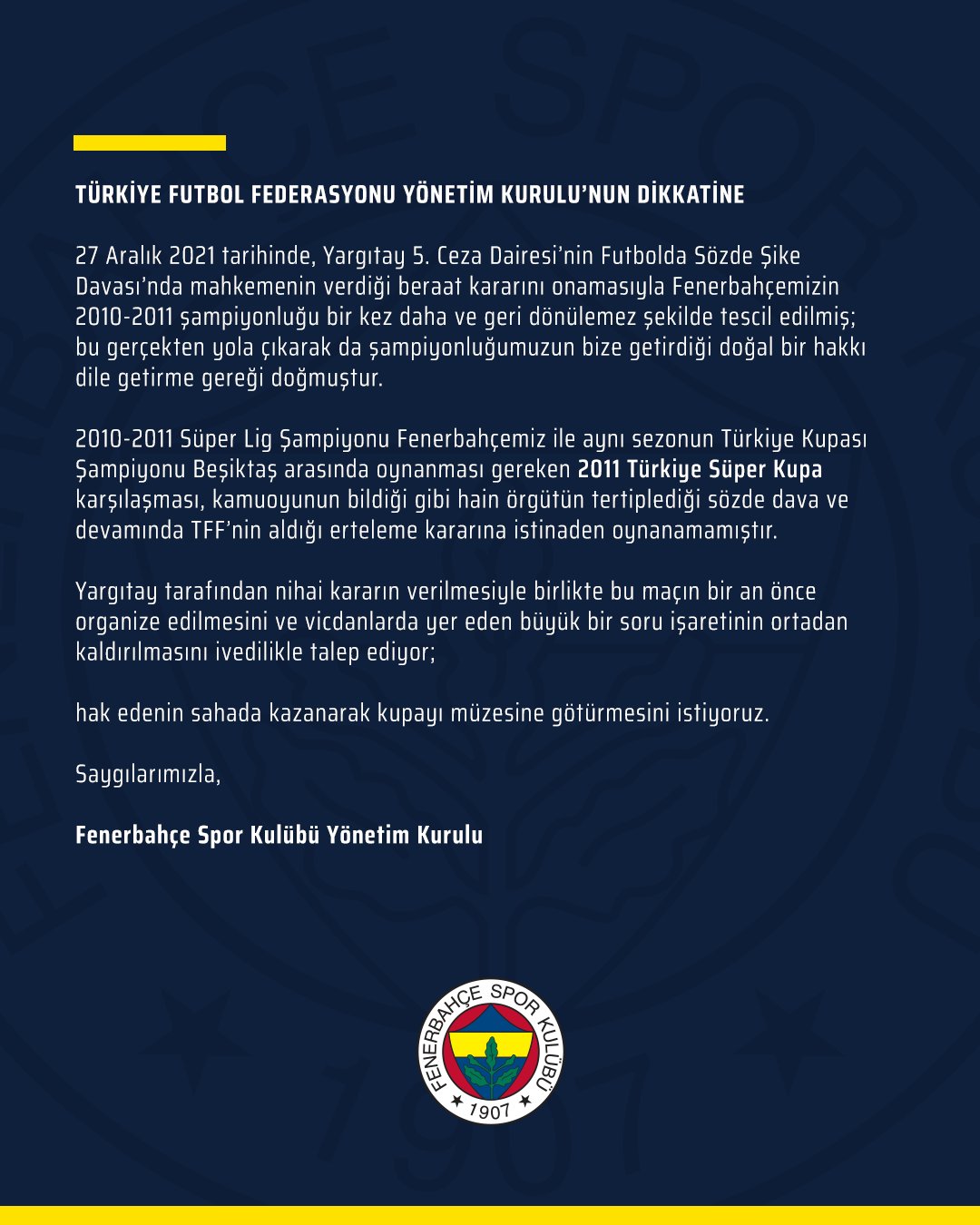 Fenerbahçe'den TFF'ye Süper Kupa başvurusu! Beşiktaş ile oynanması talep edildi