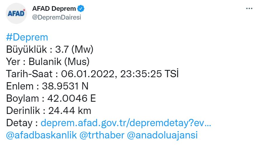 Muş'da deprem mi oldu son dakika? 6 Ocak 2022 Perşembe son depremler AFAD, Kandilli Rasathanesi