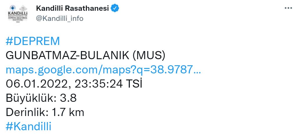 Muş'da deprem mi oldu son dakika? 6 Ocak 2022 Perşembe son depremler AFAD, Kandilli Rasathanesi