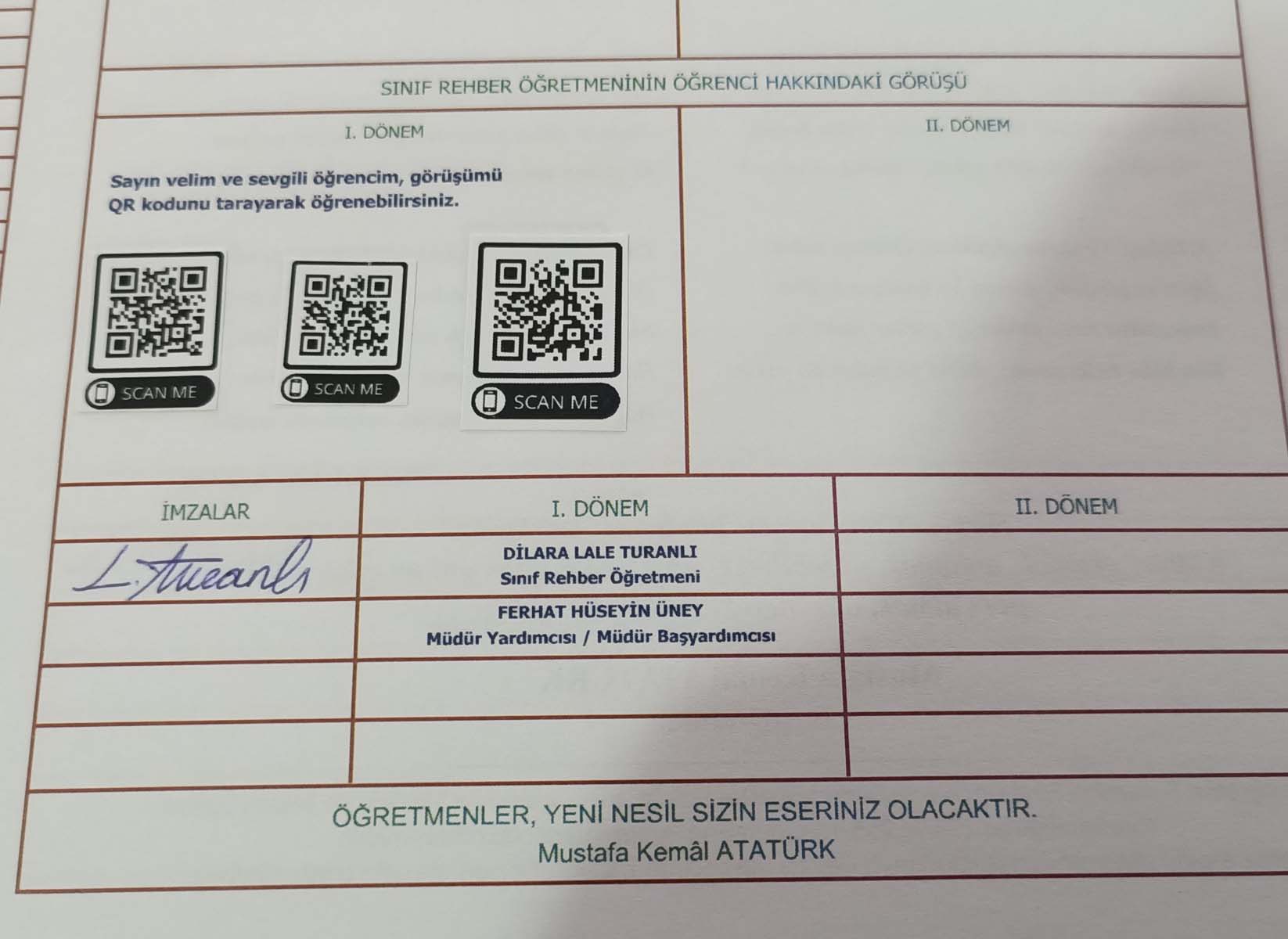 Teknolojiyi karneye entegre etti! Her öğrencisi çektiği videoyu QR kodla karnelerine koydu! 