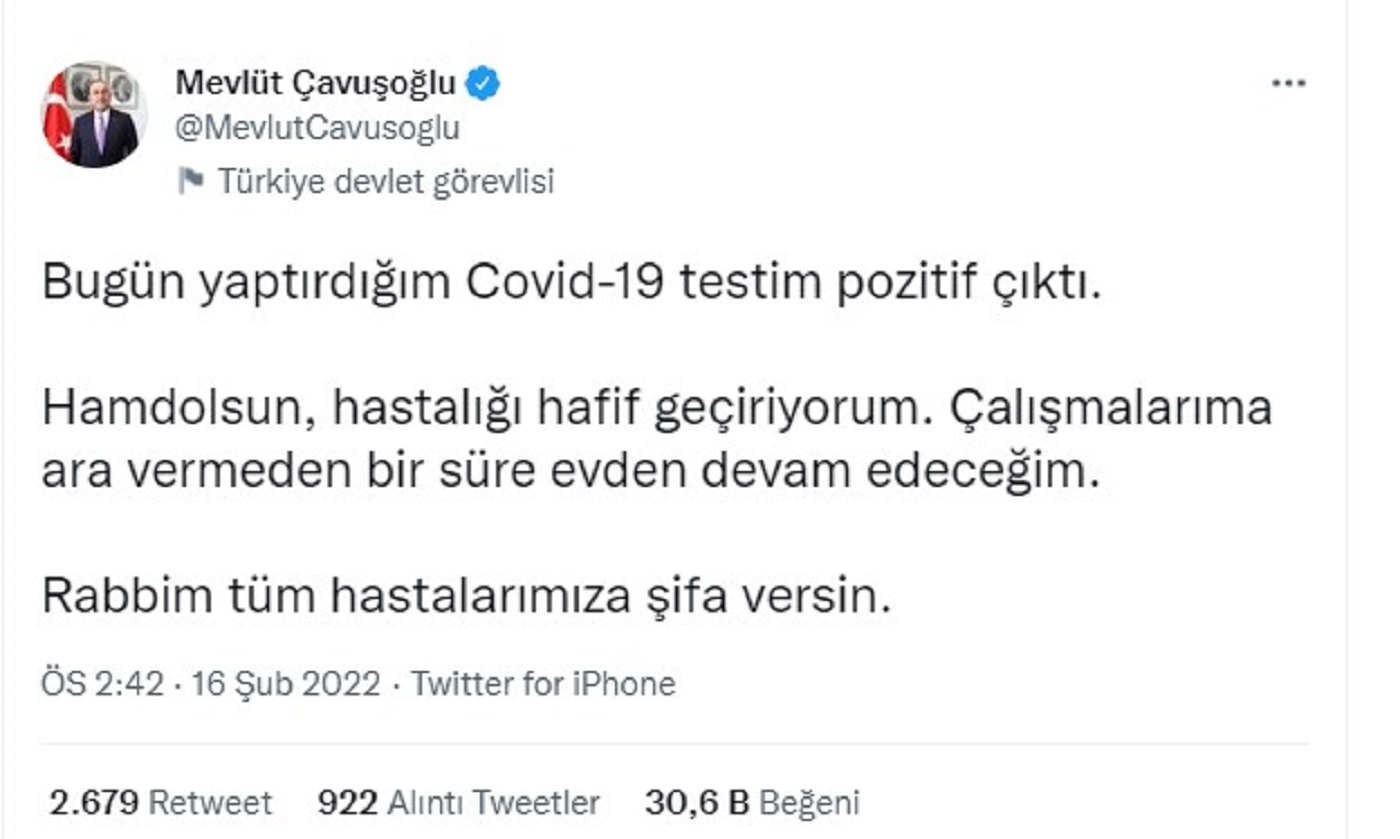 Dışişleri Bakanı Mevlüt Çavuşoğlu'nun koronavirüs testi ikinci kez pozitif çıktı 
