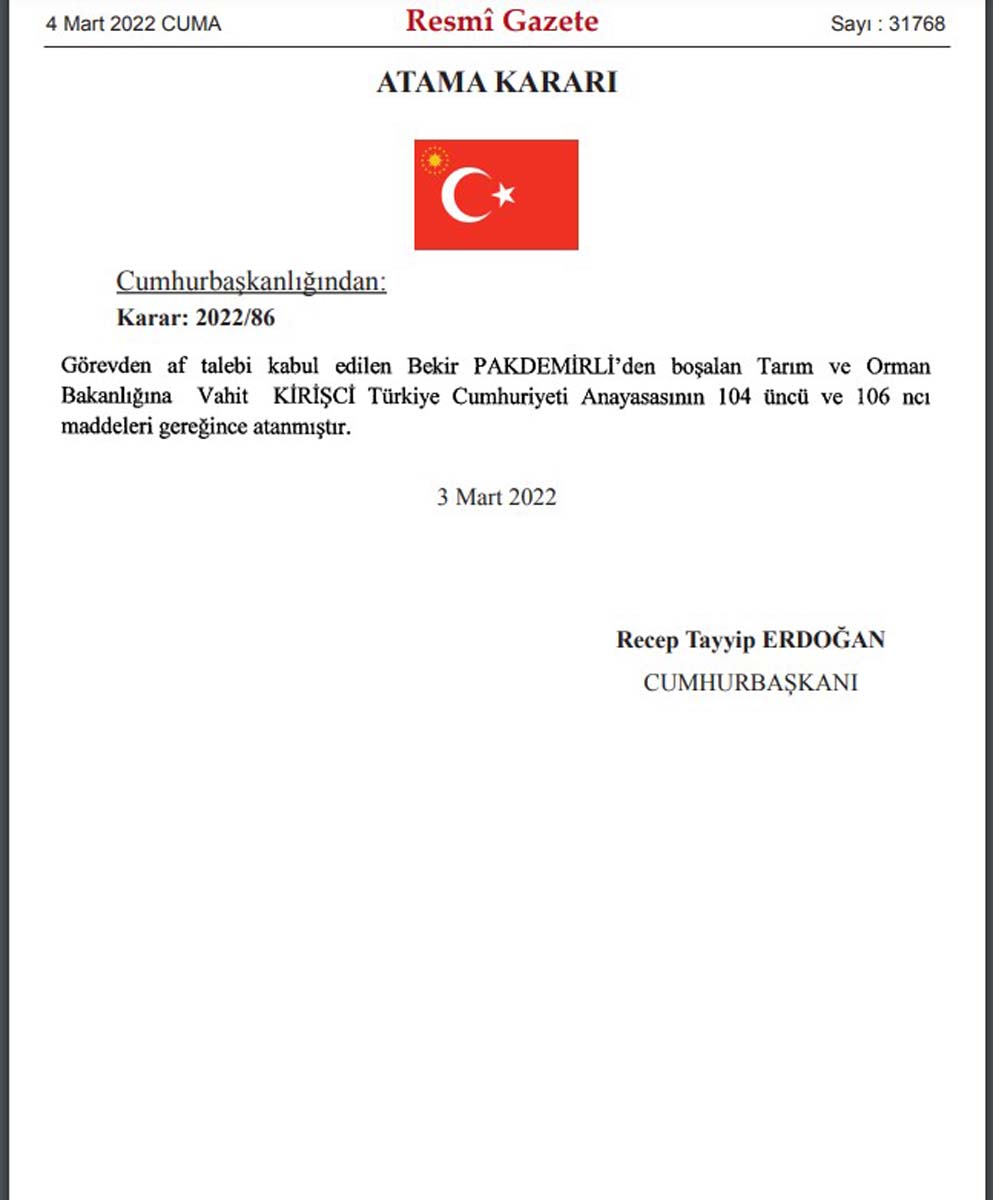 Tarım ve Orman Bakanlığı görevinden ayrılan Bekir Pakdemirli'den ilk açıklama! Af talebini kabul eden Cumhurbaşkanı Erdoğan'a teşekkür etti 
