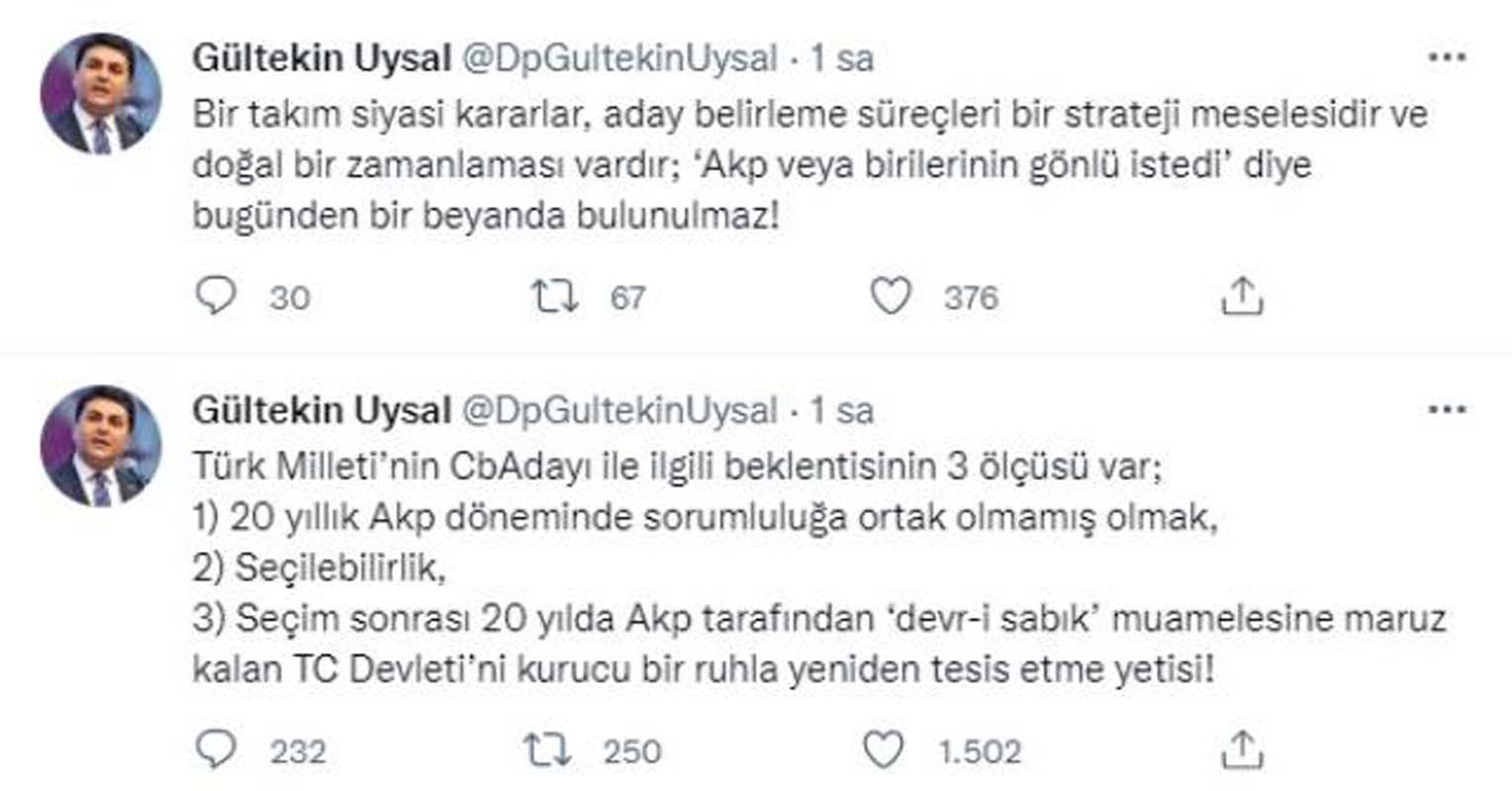 Demokrat Parti Lideri Gülktekin Uysal Cumhurbaşkanı adayı için 3 kriter paylaşınca ortalık karıştı! Davutoğlu ve Babacan'a gönderme mi yaptı?