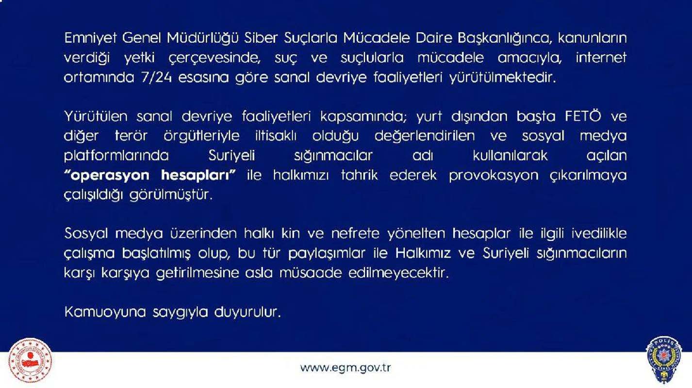 Emniyet Genel Müdürlüğü duyurdu! Suriyelilerle ilgili paylaşımlara inceleme başlatıldı! "Asla müsaade edilmeyecektir"