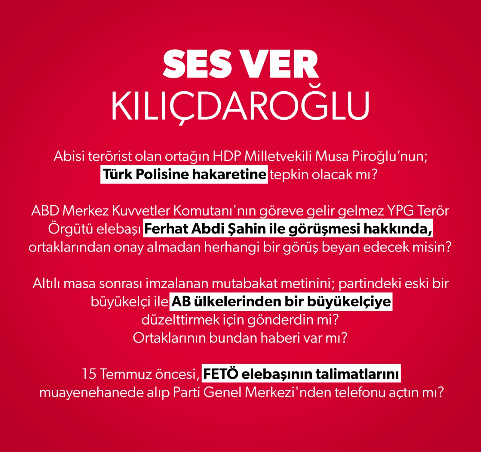 Ses ver Kılıçdaroğlu! CHP'nin ısrarla cevaplamadığı HDP, PKK ve FETÖ sorularını Bakan Soylu tekrar gündeme getirdi!
