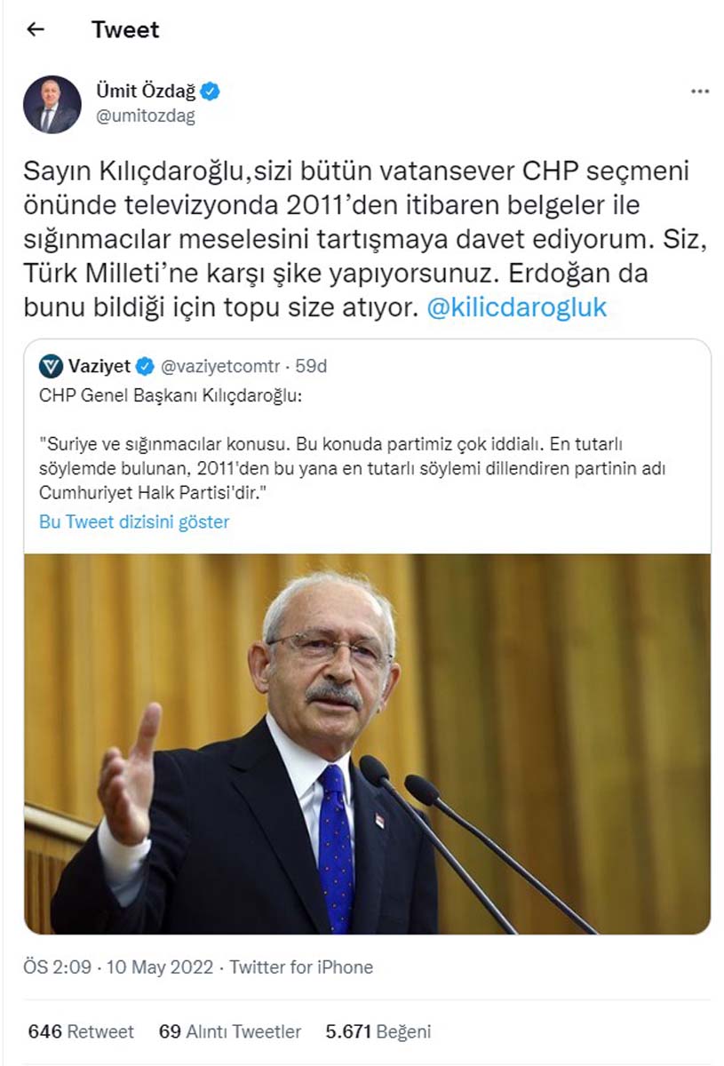 Ümit Özdağ'dan Kemal Kılıçdaroğlu'na sığınmacı konusunu tartışma çağrısı: Siz, Türk Milleti’ne karşı şike yapıyorsunuz