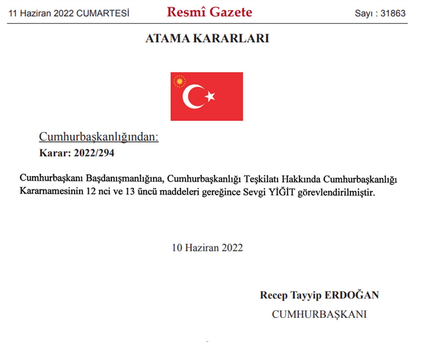 Resmi Gazete'de yayımlandı! Cumhurbaşkanlığı Başdanışmanlığı'na Sevgi Yiğit atandı 