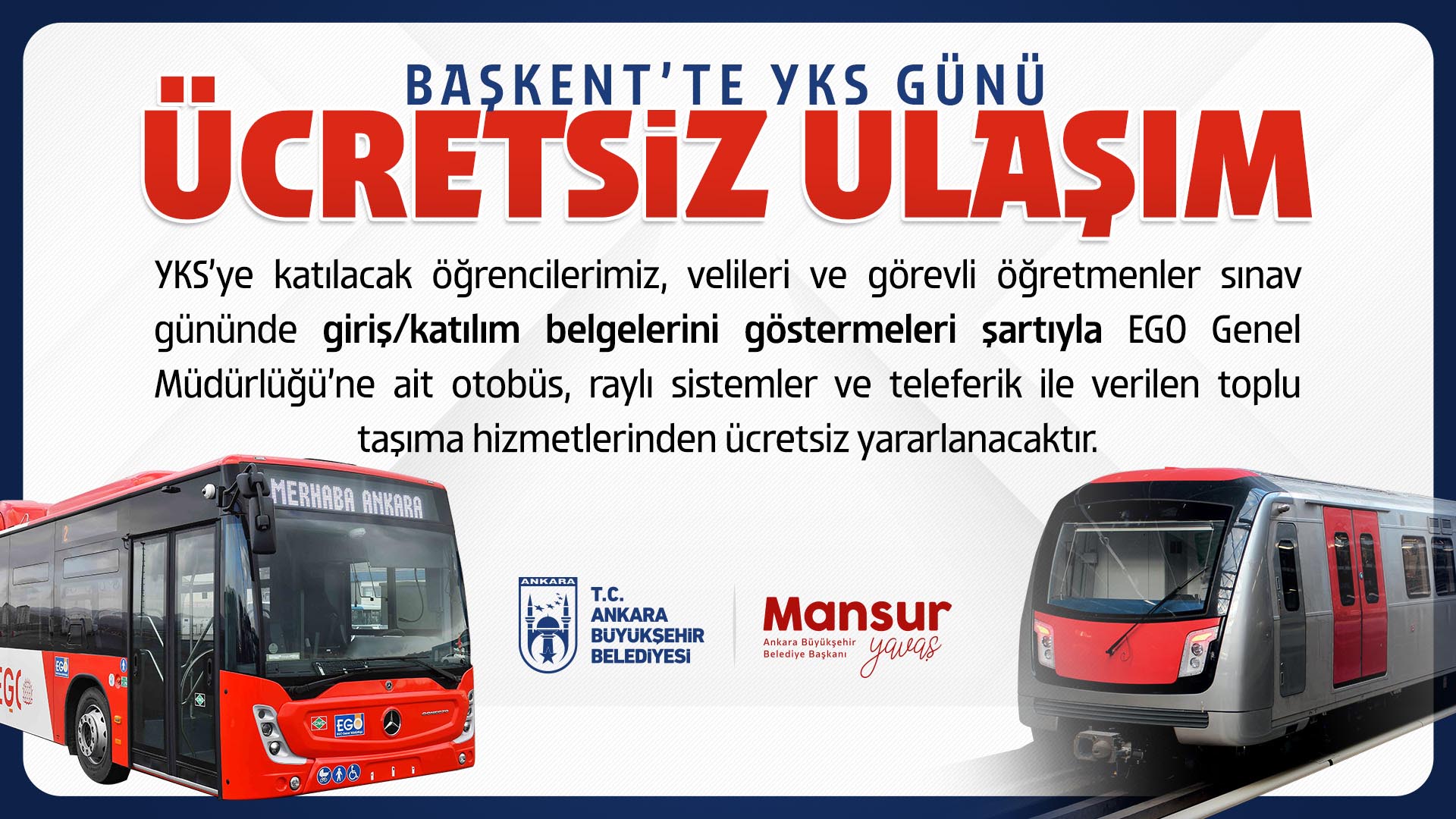 YKS günü toplu ulaşım ücretsiz mi? 18-19 Haziran 2022 YKS'de toplu taşıma kaça kadar ücretsiz? Otobüs, ANKARAY, Metro ve Teleferik hangi saatlerde ücretsiz?