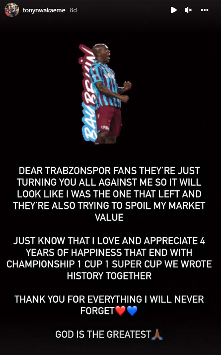 Son dakika | Trabzonspor'da ayrılık! Anthony Nwakaeme takımdan ayrıldığını açıkladı