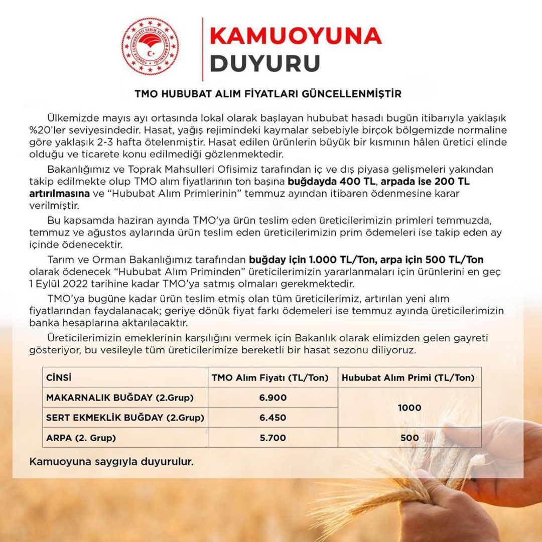 Hububat alım fiyatları güncellendi! Primler Temmuz ayından itibaren ödenecek!