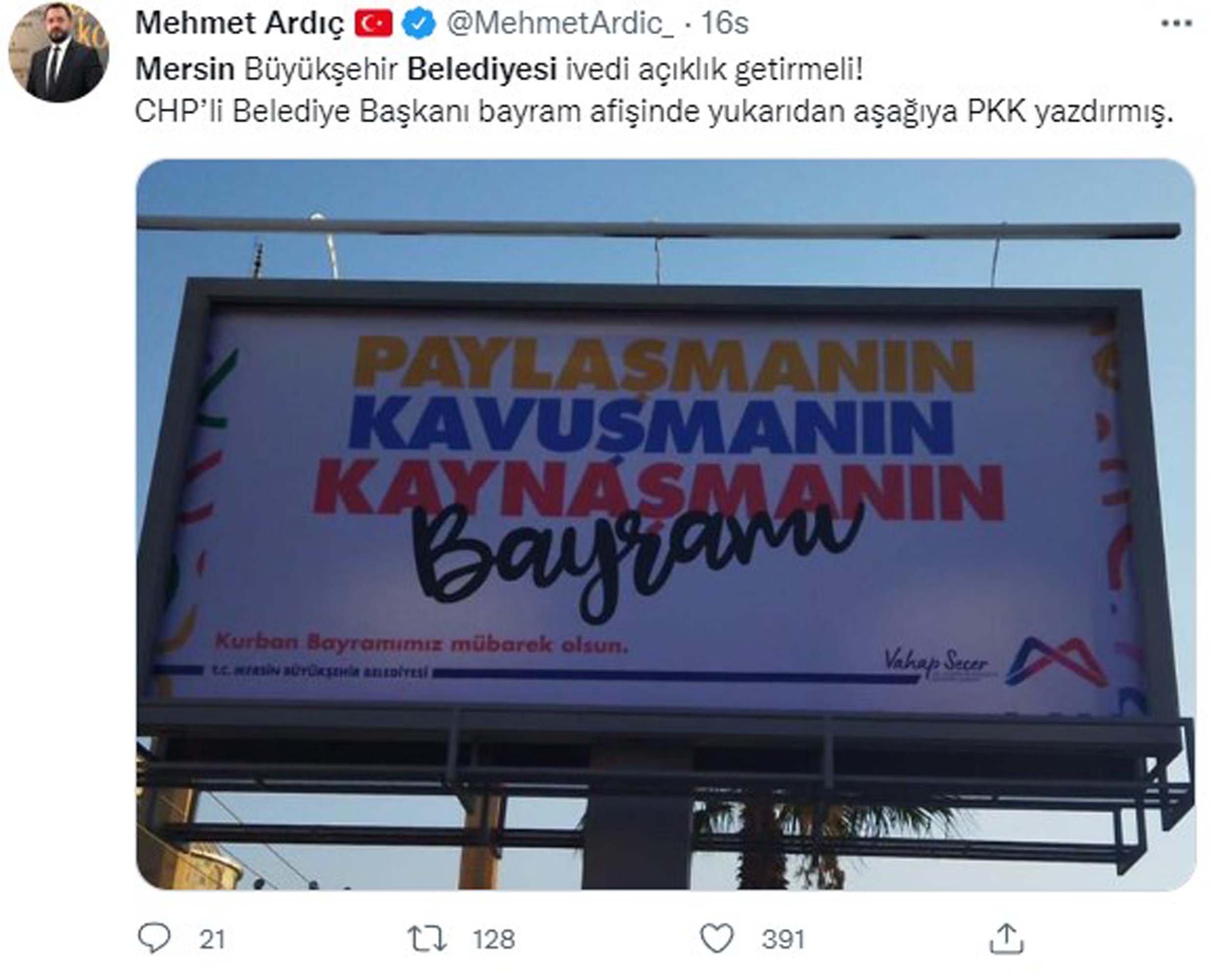 Mersin Büyükşehir Belediyesi'nin bayram afişi sosyal medyanın gündemine oturdu! İlla PKK'ya selam göndermek zorunda mısınız?