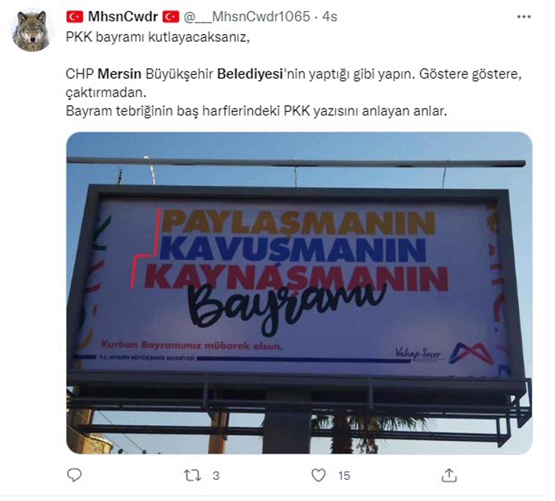 Mersin Büyükşehir Belediyesi'nin bayram afişi sosyal medyanın gündemine oturdu! İlla PKK'ya selam göndermek zorunda mısınız?