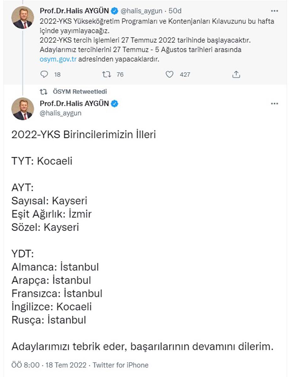 ÖSYM Başkanı Aygün açıkladı! 2022 YKS birincilerinin illeri belli oldu 