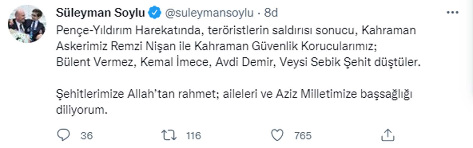 Son dakika | İçişleri Bakanı Soylu Pençe-Yıldırım Harekatında şehit düşenleri tek tek saydı! Başsağlığı mesajı yayınladı!