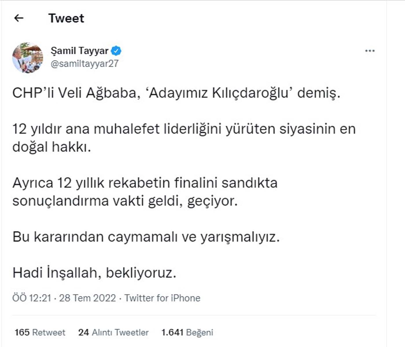 CHP'li Ağbaba, Bizim adayımız Kemal Kılıçdaroğlu dedi, Şamil Tayyar'dan yanıt gecikmedi: Hadi İnşallah, bekliyoruz.