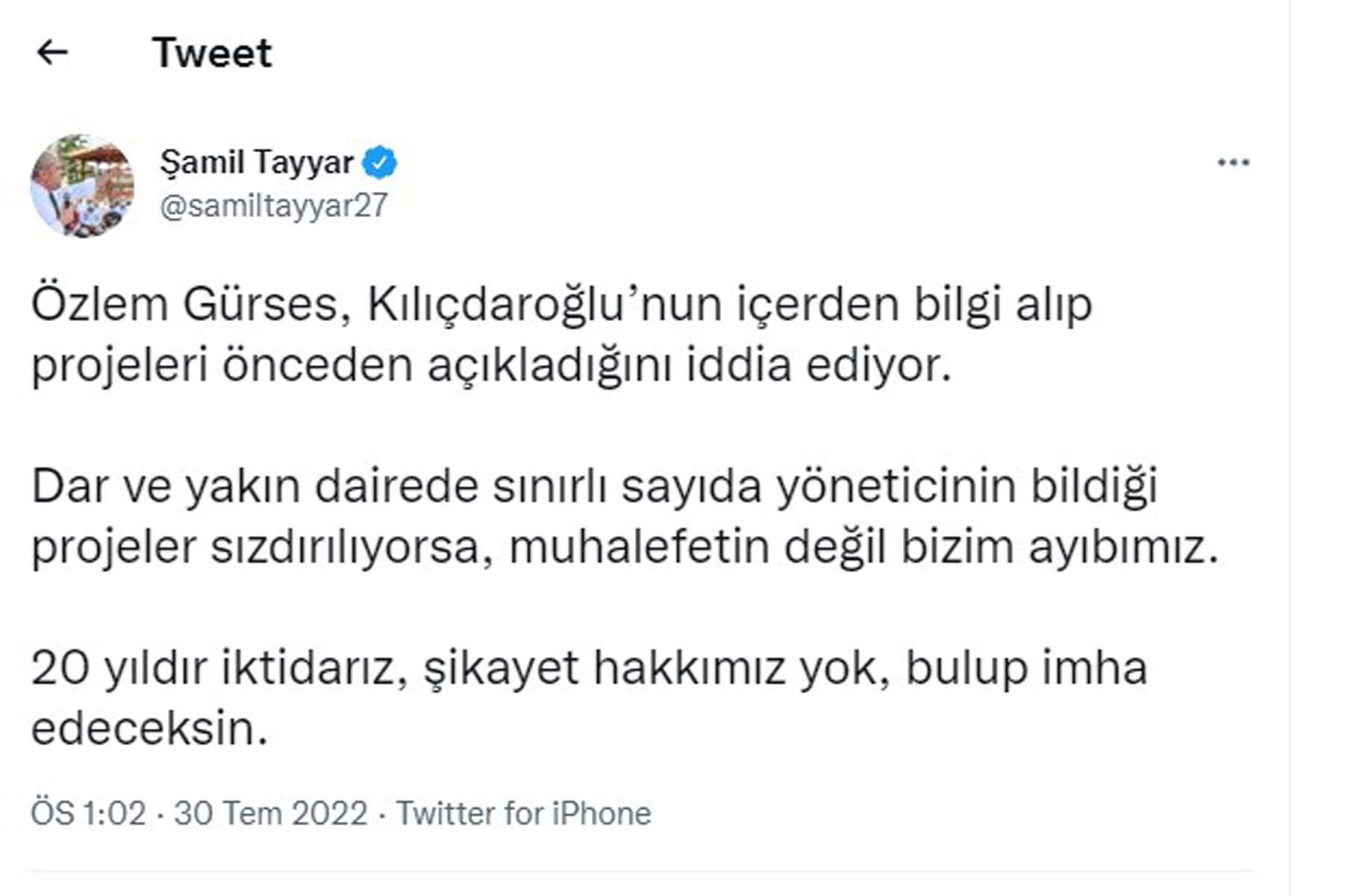  Özlem Gürses'in Bürokrasiden CHP'ye ve altılı masaya bilgi geliyor iddiası AK Partili Şamil Tayyar'ı kızdırdı: Bulup imha edeceksin