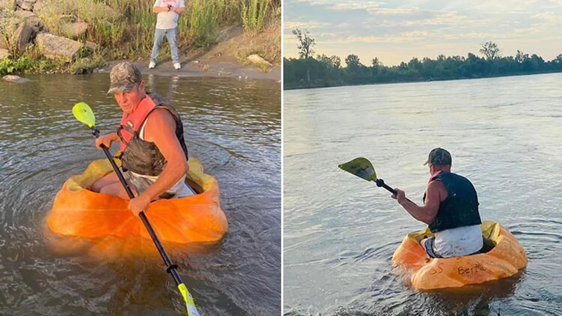 Dev balkabağıyla nehirde yolculuk yaptı! Görenler hayrete düştü!