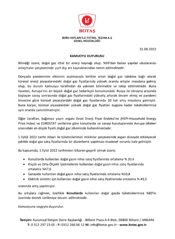 BOTAŞ duyurdu! Vatandaşı üzecek haber! Doğalgaza yüzde 20 zam!
