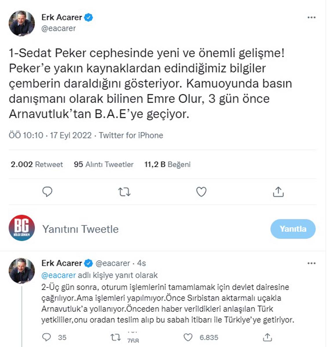 Gazeteci Erk Acarer'den Sedat Peker'in danışmanı Emre Olur hakkında çarpıcı iddia! B.A.E.'den Arnavutluk'a deport edildi, Türk makamları harekete geçti 