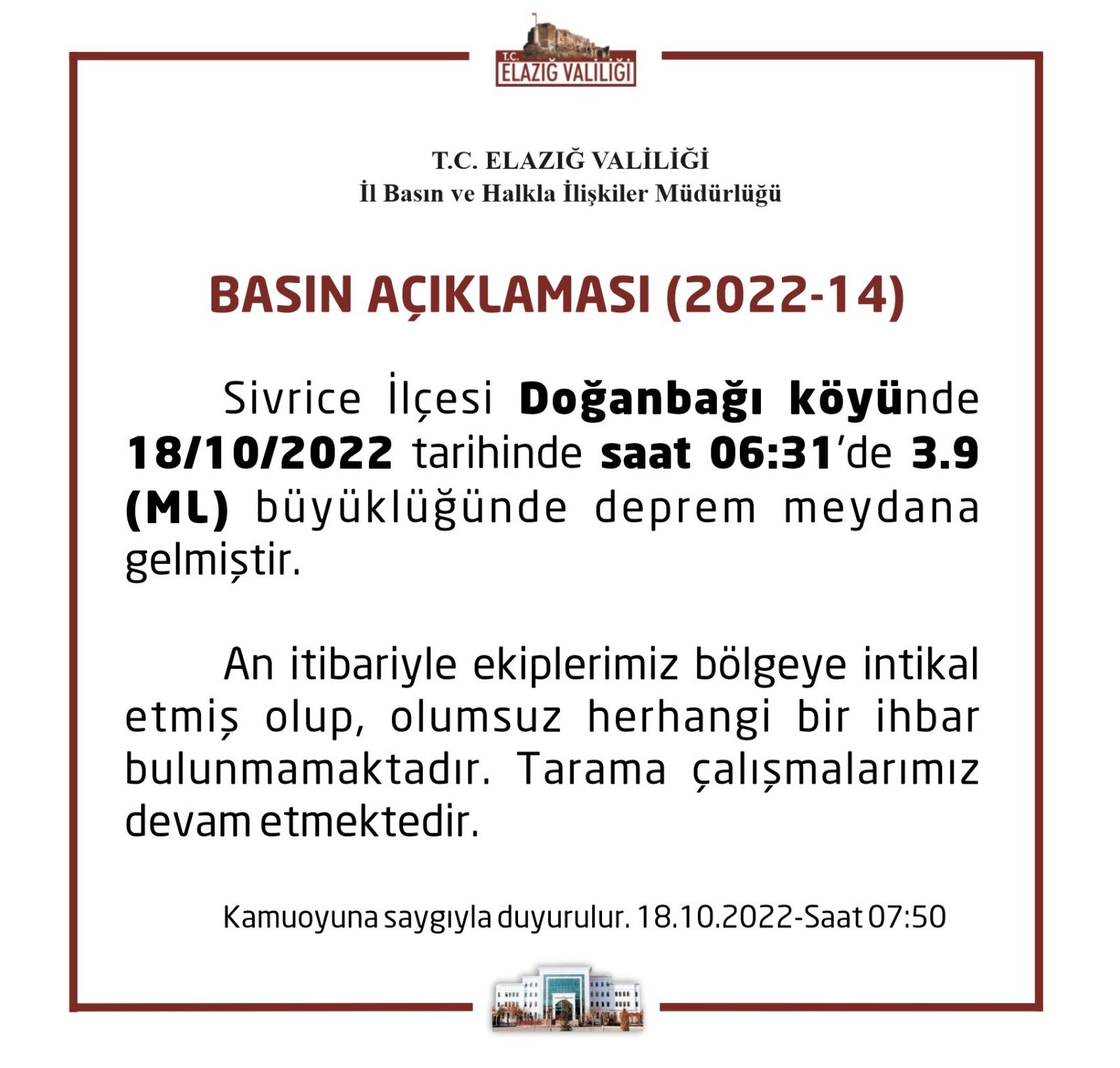 Elazığ'da yaşanan depremle ilgili valilikten açıklama: Tarama çalışmalarımız devam etmektedir
