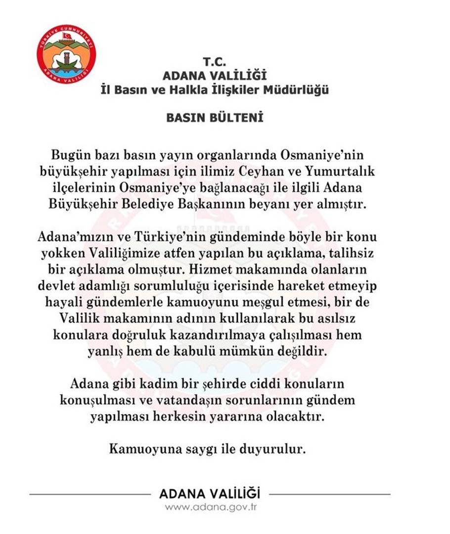 Zeydan Karalar'ın iki ilçenin Osmaniye'ye bağlanacağını iddia etmesine Adana Valiliği'nden yalanlama: Hayali konularla kamuoyunu meşgul ediyor
