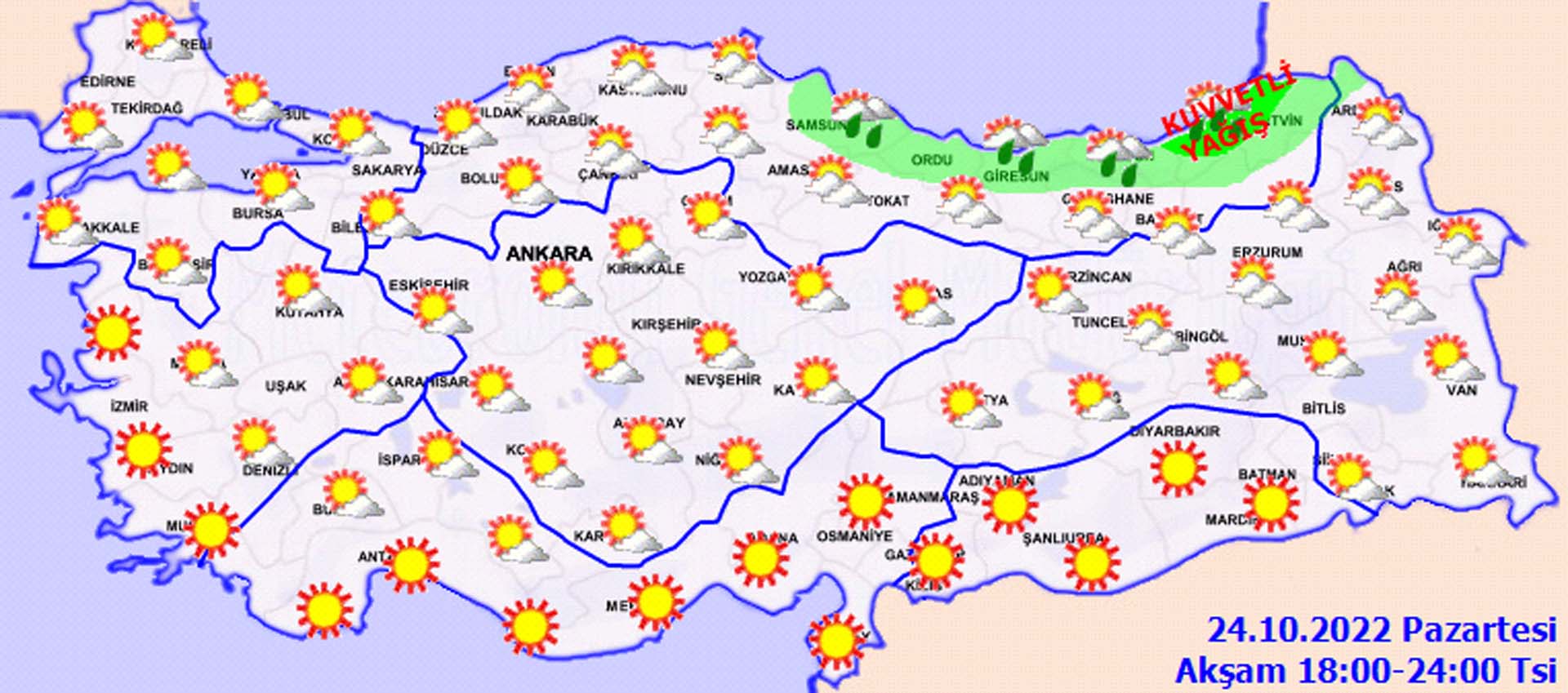 24 Ekim 2022 Pazartesi hava durumu: O illerimizi kısa süreli sağanak yağışlar bekliyor!
