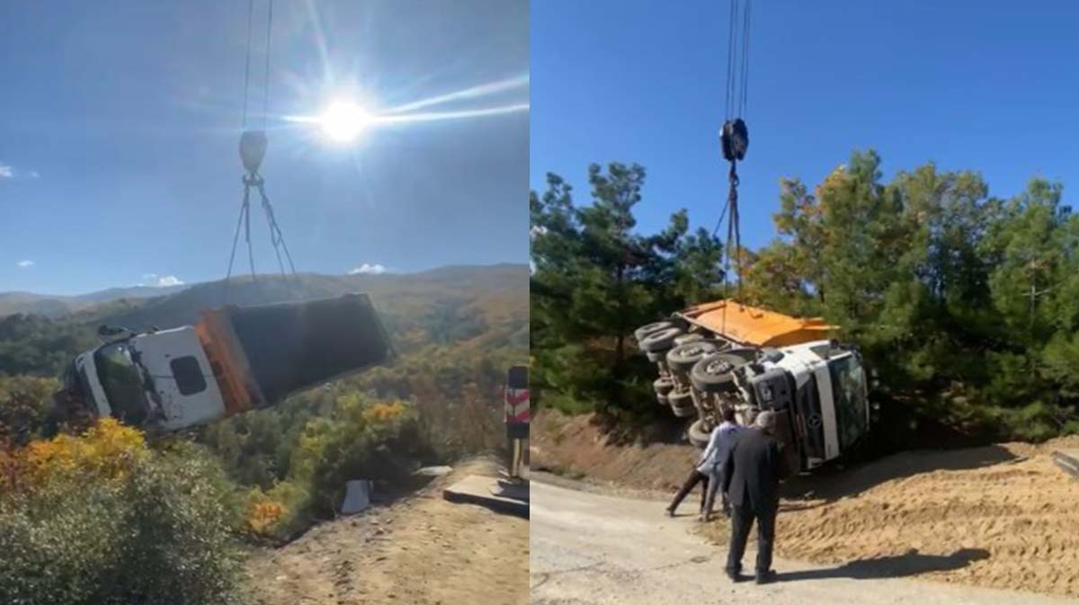 Herkes neye uğradığını şaşırdı! Tonlarca ağırlığındaki hafriyat kamyonu, büyük bir gürültüyle uçurumdan yuvarlandı