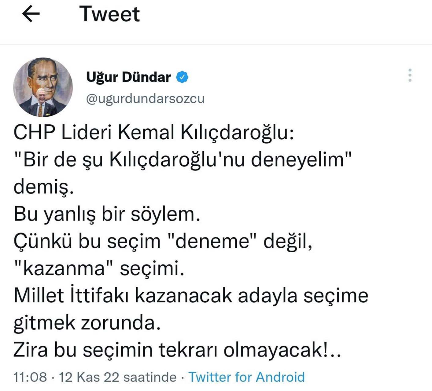 Uğur Dündar, Kılıçdaroğlu'nun o sözlerini eleştirdi: Bu seçim deneme değil