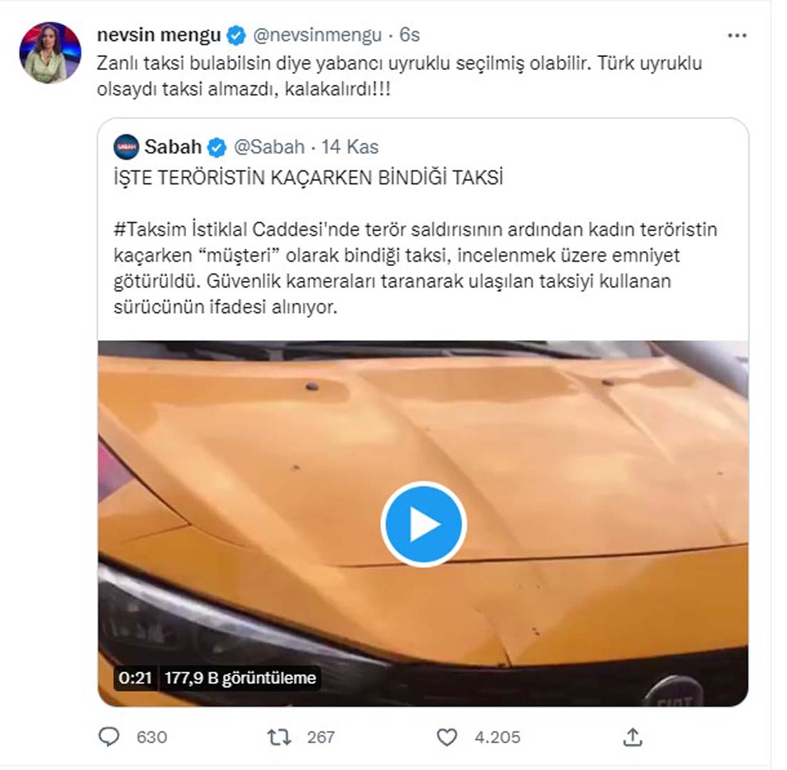 Nevşin Mengü'den tepki çeken paylaşım! Taksim'deki saldırıyı düzenleyen terörist üzerinden espri yapmaya çalıştı!