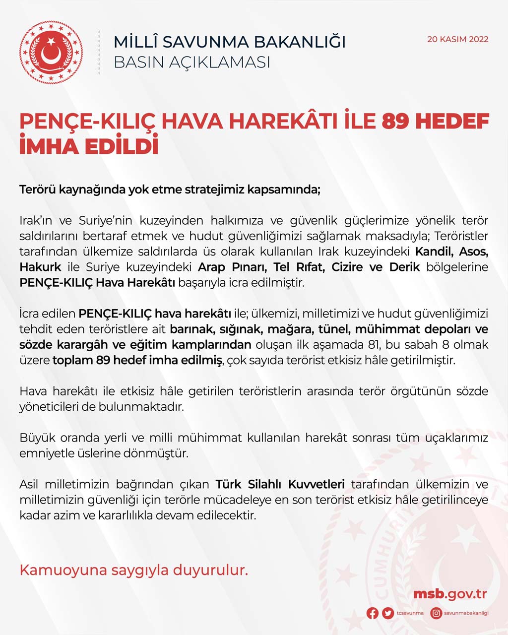 MSB'den Pençe - Kılıç Hava Harekatı açıklaması! Terör hedefleri imha edildi, teröristler etkisiz hale getirildi