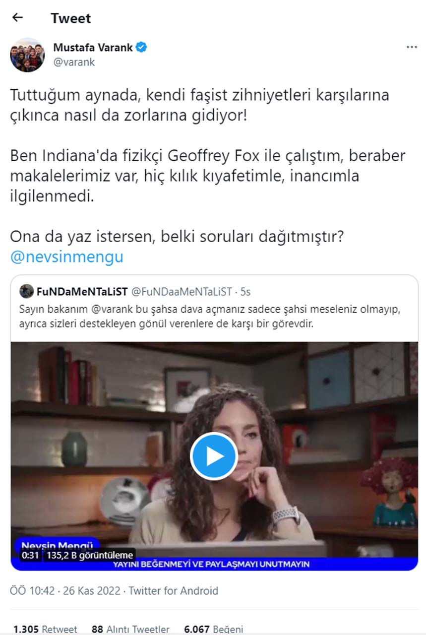 Bakan Mustafa Varank'tan Nevşin Mengü'nün iddialarına sert yanıt: Tuttuğum aynada, kendi faşist zihniyetleri karşılarına çıkınca zorlarına gidiyor