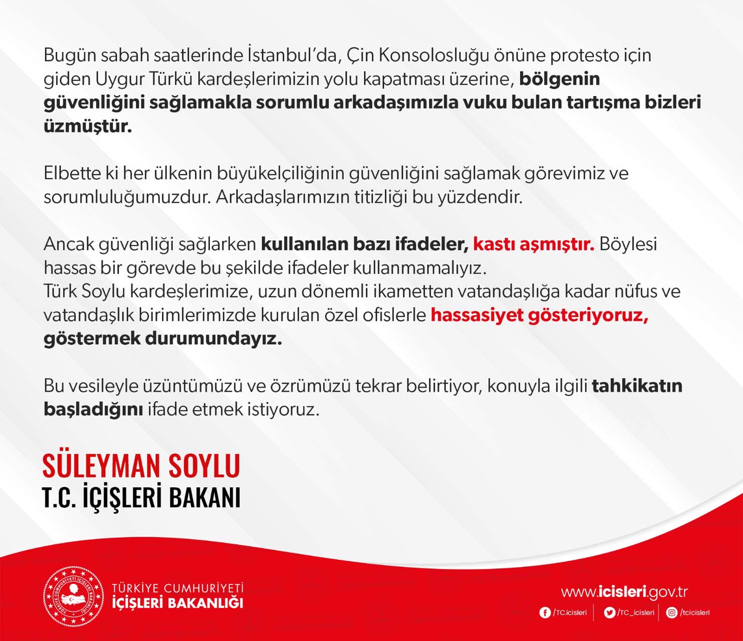 Çin Konsolosluğu önünde toplanan Uygur Türk'lerine skandal sözler! Bakan Soylu'dan olay hakkında çarpıcı açıklama