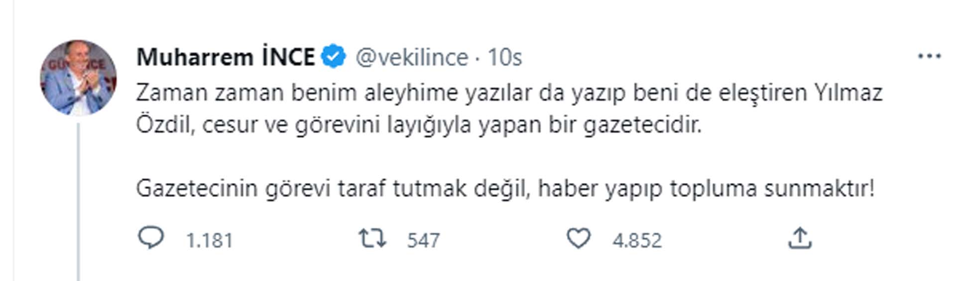 Muharrem İnce, CHP'lilerin eleştirdiği Yılmaz Özdil'e destek çıktı: Yılmaz Özdil, cesur ve görevini layığıyla yapan bir gazetecidir