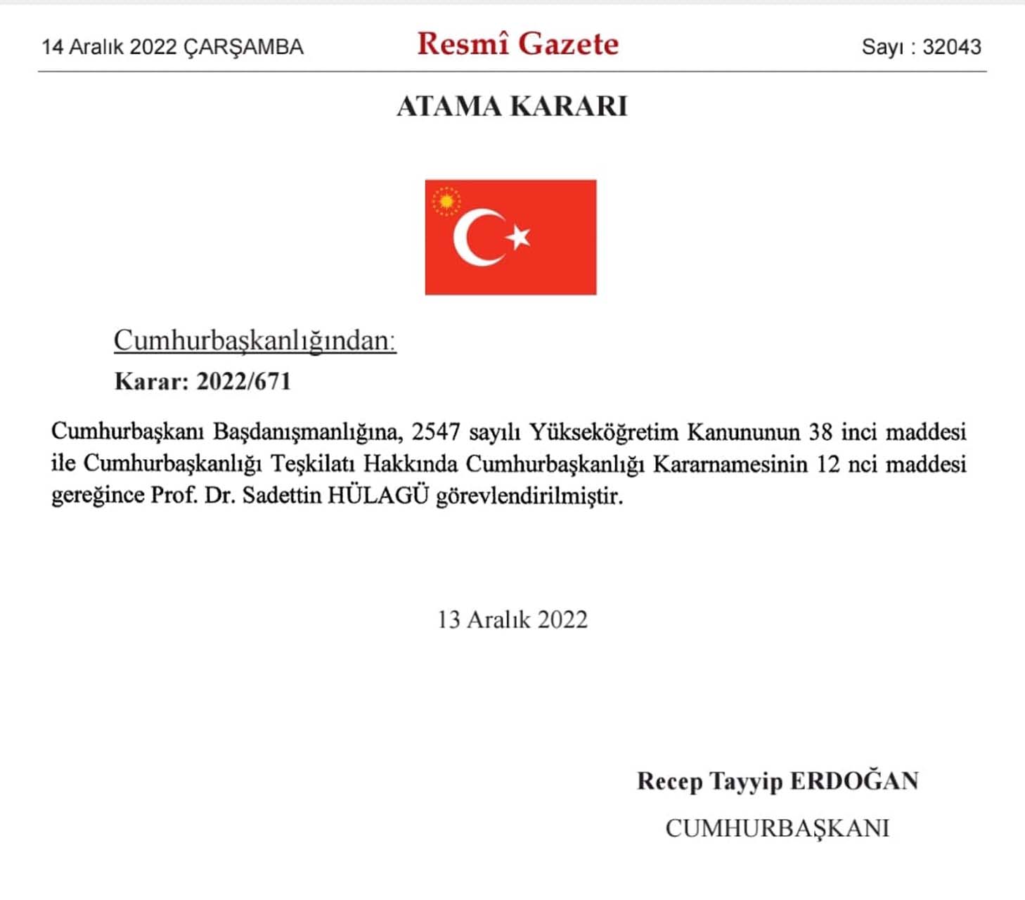 Karar Resmi Gazete'de! Prof. Dr. Sadettin Hülagü, Cumhurbaşkanı Erdoğan'ın başdanışmanı oldu
