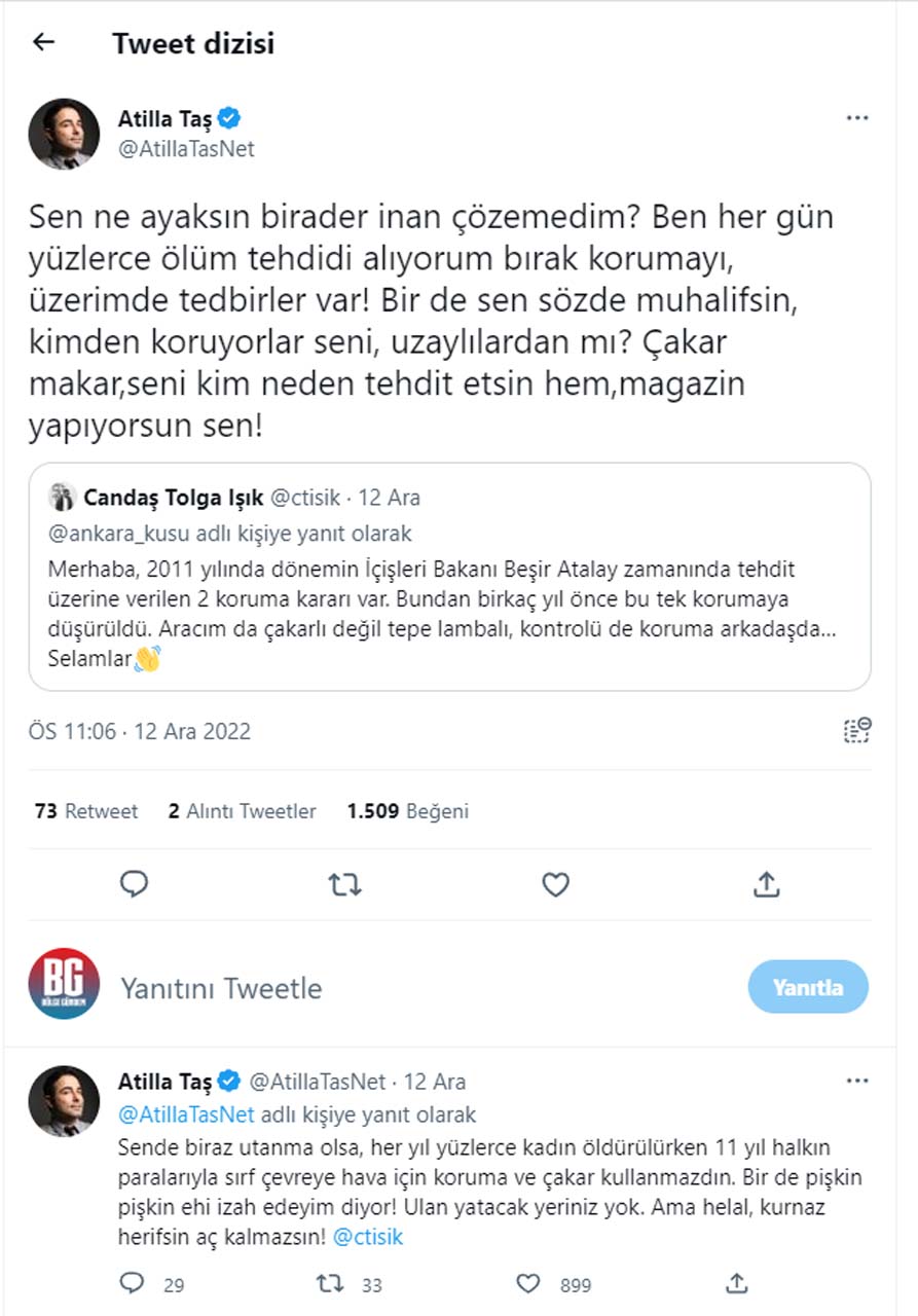 Candaş Tolga Işık, polis koruması olduğunu açıkladı! Paylaşımı gören Atilla Taş, çileden çıktı: Helal, kurnaz herifsin aç kalmazsın