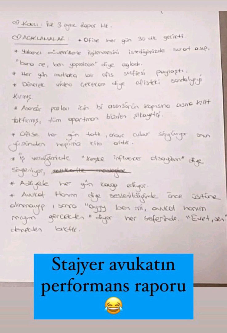 Stajyer avukatın performans raporunu okuyanlar kahkahayı bastı! Adliyede her gün kavga ediyor, ofis selfiesi paylaşıyor...