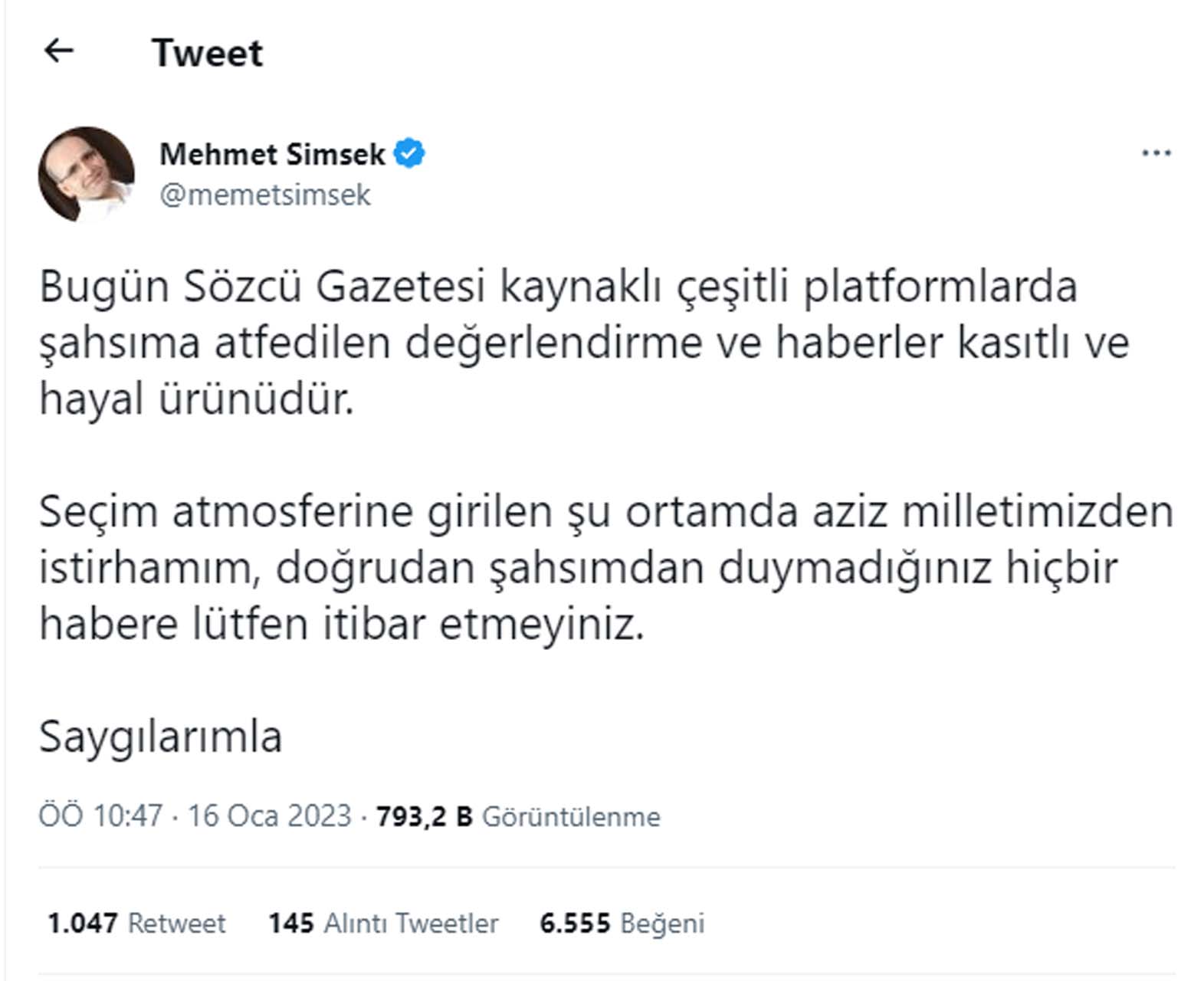 Mehmet Şimşek, Sözcü'nün haberini yalanladı: Kasıtlı ve hayal ürünü