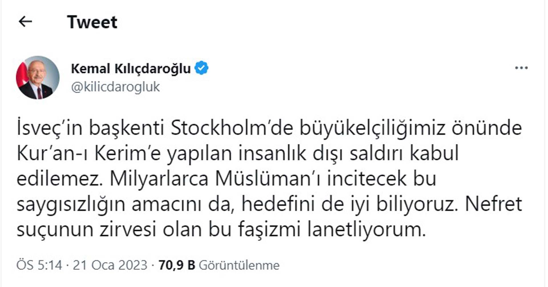 Kemal Kılıçdaroğlu'ndan Türk Büyükelçiliği önünde Kur'an-ı Kerim yakılmasına tepki: Bu faşizmi lanetliyorum 