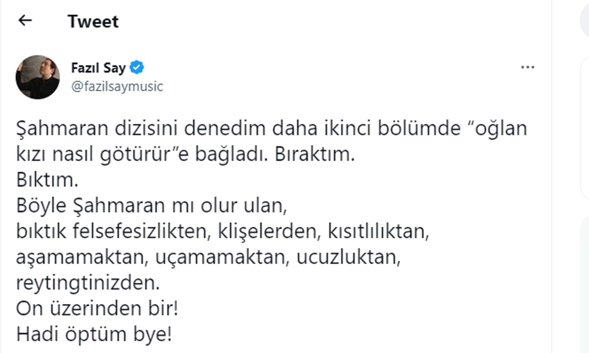 Fazıl Say, Şahmaran dizisini yerden yere vurdu! O yorumu sosyal medyayı yıktı: Oğlan kızı nasıl götürür'e bağladı