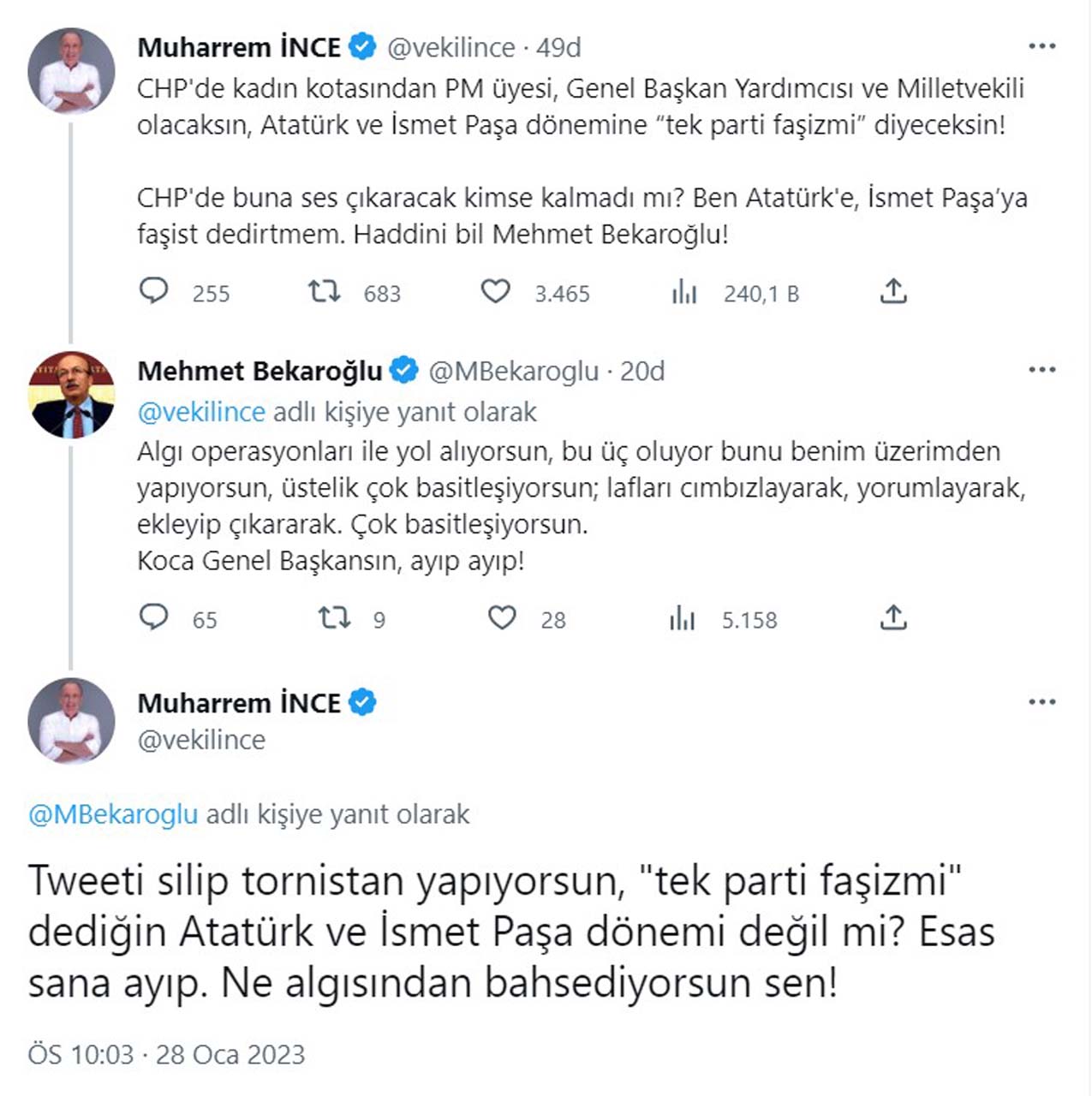 Muharrem İnce ve Mehmet Bekaroğlu birbirine girdi! İnce sert konuştu: Ben Atatürk'e, İsmet Paşa’ya faşist dedirtmem. Haddini bil Mehmet Bekaroğlu!