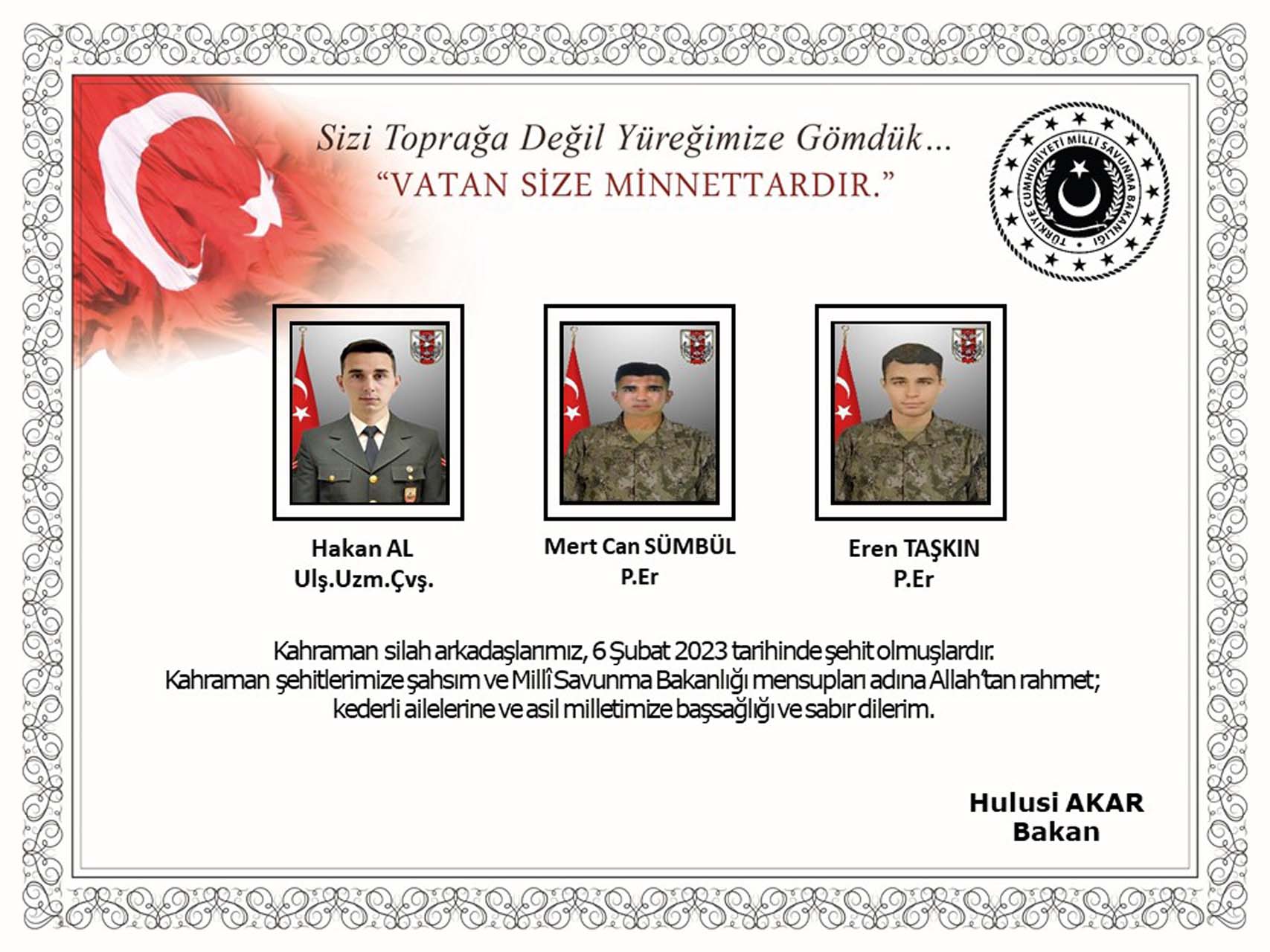 MSB duyurdu! Deprem şehitlerinin isimleri belli oldu 