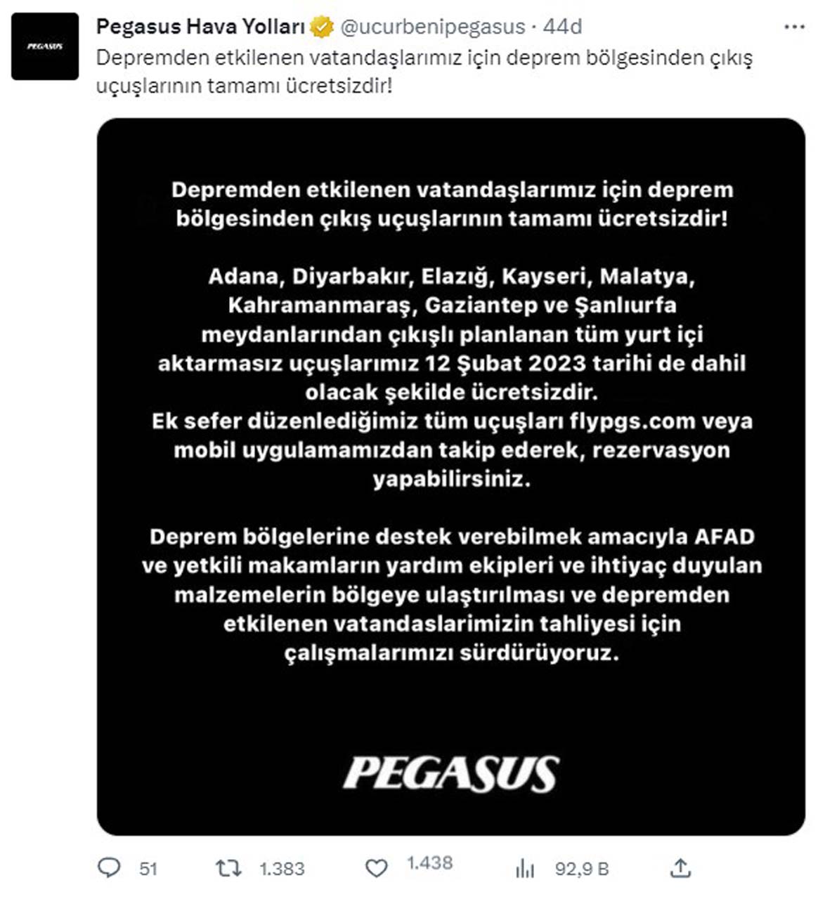 Pegasus deprem bölgesindeki çıkış uçuşlarından ücret almayacağını duyurudu!