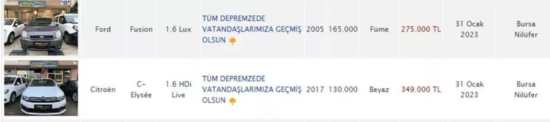 Araba satış ilanlarında deprem detayı! Deprem bölgesine yardım için tekliflere açığım