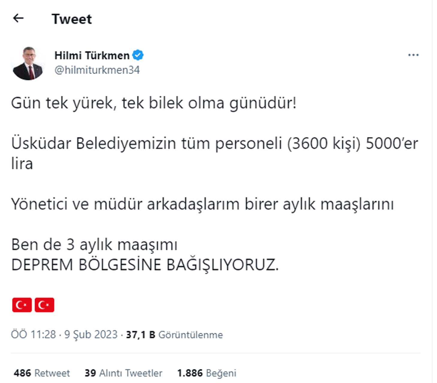 Üsküdar Belediye Başkanı Hilmi Türkmen ve belediye çalışanlarından anlamlı hareket: Maaşlarını depremzedelere bağışlayacaklar 