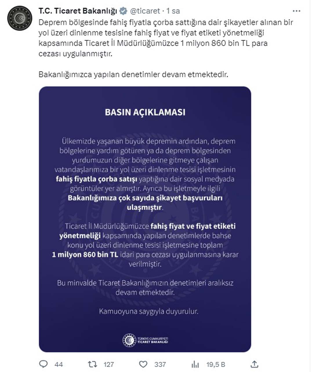 Depremzedelere fahiş fiyatla çorba satan tesise Ticaret Bakanlığından ağır ceza!
