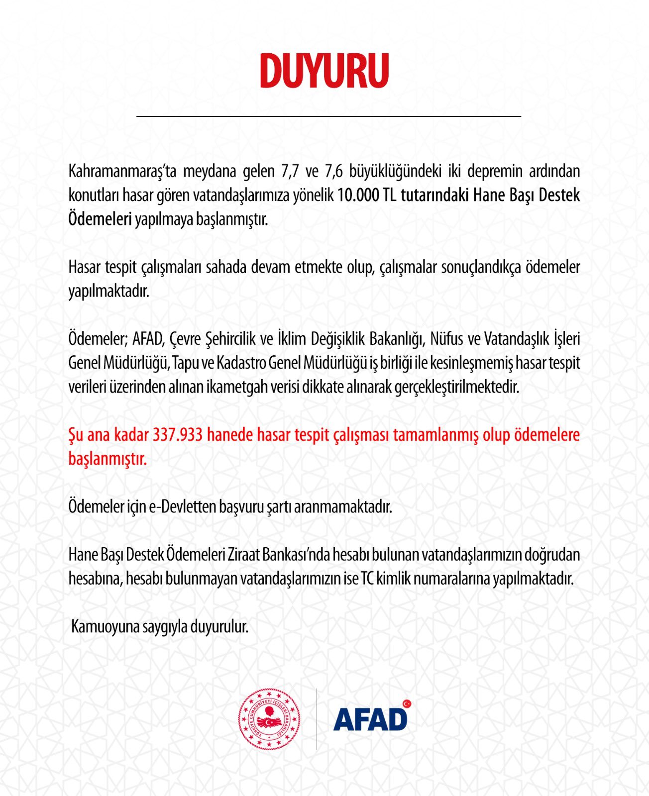 AFAD açıkladı: 10 bin TL hane başı destek ödemeleri hesaplara yatmaya başladı 