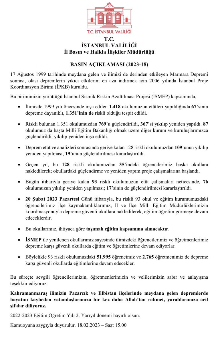 İstanbul Valiliği açıkladı! 93 riskli okul tahliye edildi!