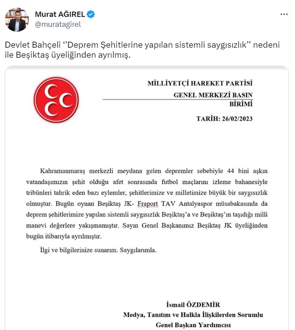 Devlet Bahçeli "Depremzedelere yapılan sistematik saygısızlık" nedeniyle Beşiktaş üyeliğinden ayrıldı!