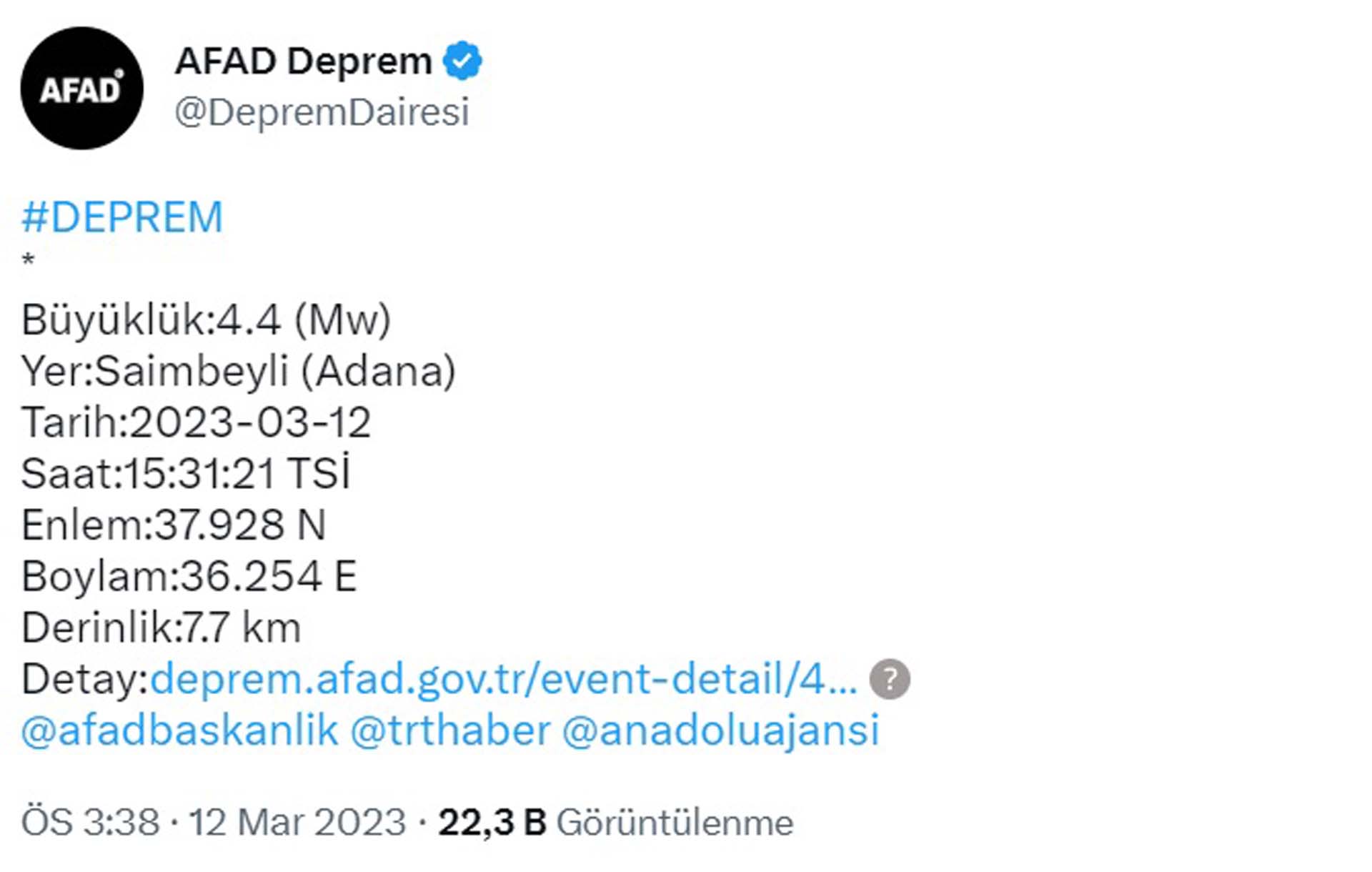 Adana'da 4.4 büyüklüğünde deprem meydana geldi!